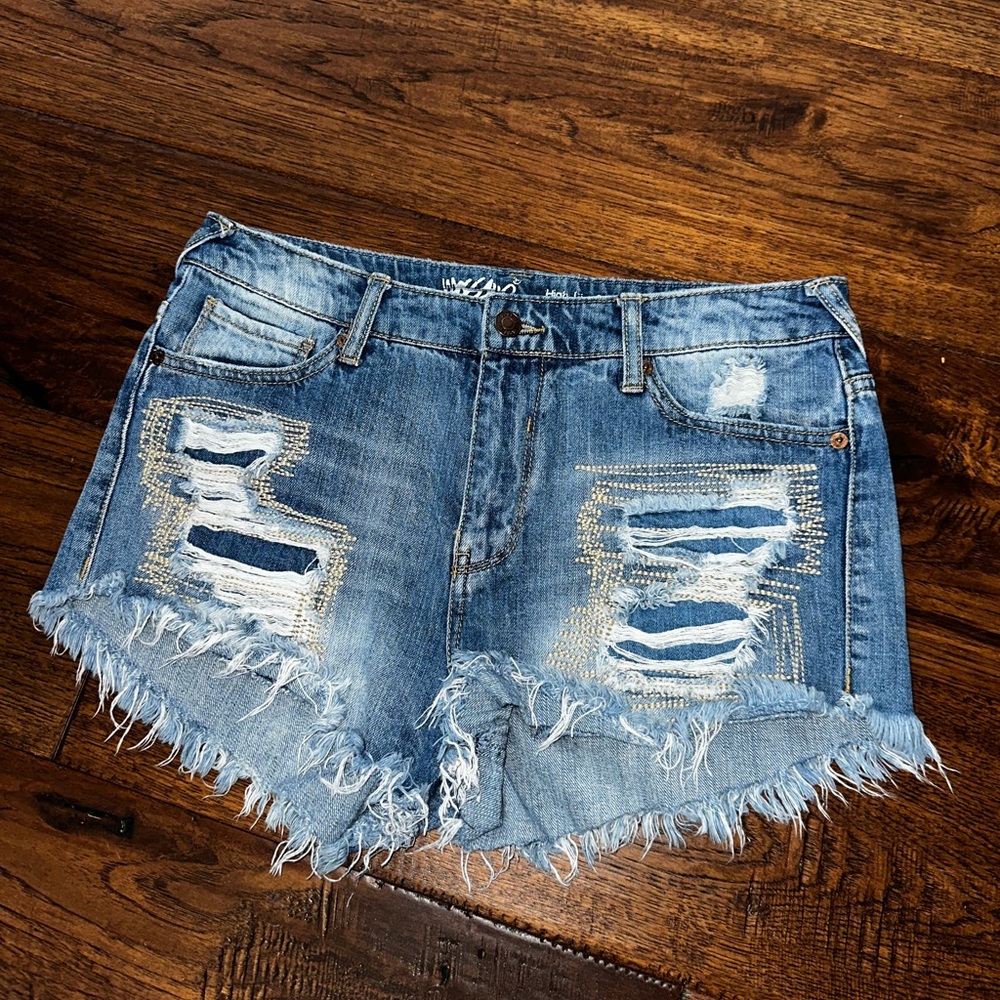 Blue Distressed Jean Shorts with Frayed Hem